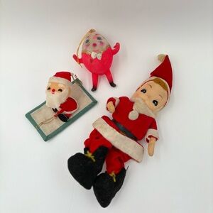 Vintage 50's Japan Santa On Sleigh Humpty Dumpty  & Santa Christmas Ornaments